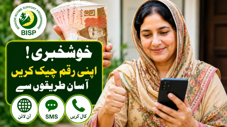 Pakistani woman checking BISP 14500 payment status on mobile phone