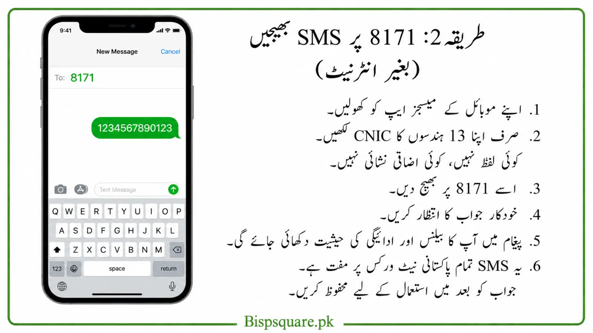 Urdu infographic explaining how to check BISP 8171 balance by sending CNIC via SMS to 8171.