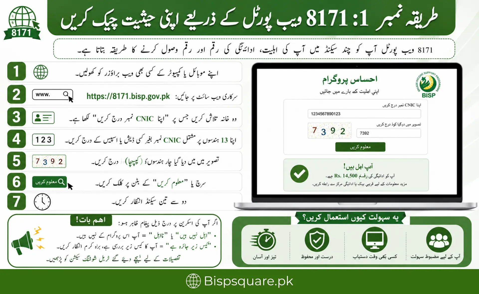 Urdu infographic showing how to check BISP 8171 payment status through the official web portal by entering CNIC and captcha.